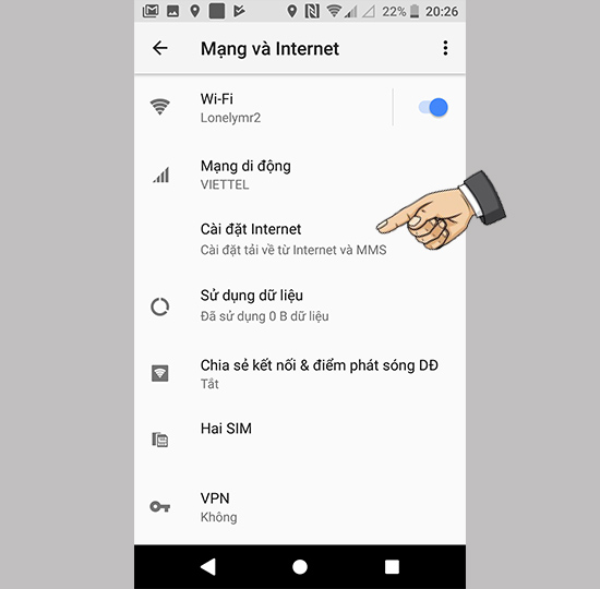 Vào cài đặt internet